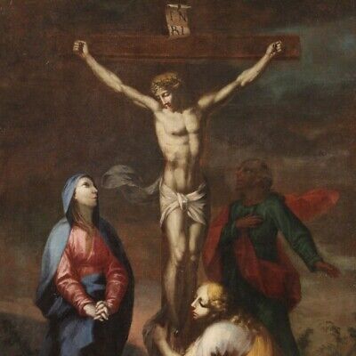 Crucifixion antigua pintura religiosa cuadro del siglo XVIII oleo sobre lienzo