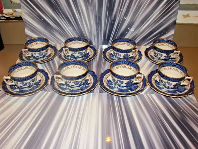 Royal Doulton Booths Real Old Willow Set of 8 Tea Cups and Saucers Gold Trim.