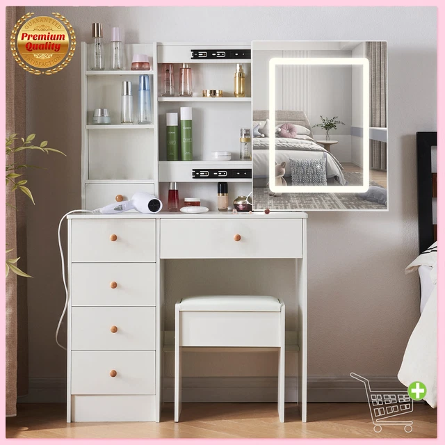 LED Light Strip Mirror Dressing Table 6 Drawers,Cabinet Makeup Desk Stool Set