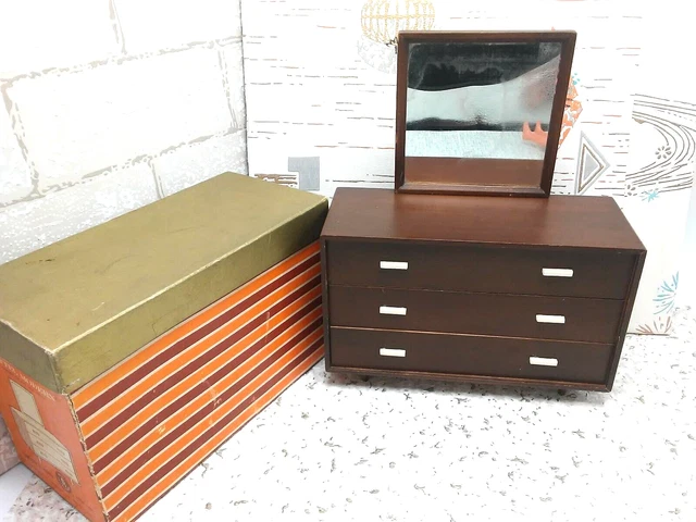 Vintage Mid-Century Wooden Dresser, Mirror & Box Barbie Danish Style 1958 C22 EU