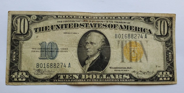 1934A Series Ten Dollar Yellow Seal North Africa Silver Certificate
