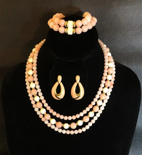 VTG Faux Angel Skin Coral Bead Necklace Bracelet Set +Napier Earrings Gold 5906