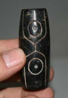 2.6" China Hongshan Culture Old Jade (Black Meteor) dzi bead Yu Zong Jade Cong