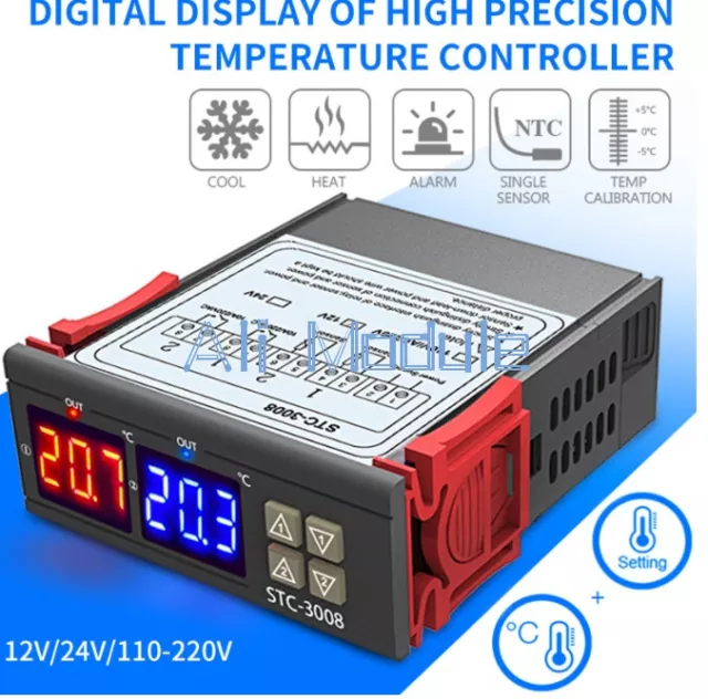 NEW DC 12V Digital LED Display Dual Temperature Thermostat Controller Probe