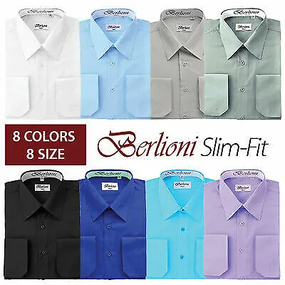 Berlioni Italy Men's Slim fit Convertible Cuff Solid Italian French Dress Shirt