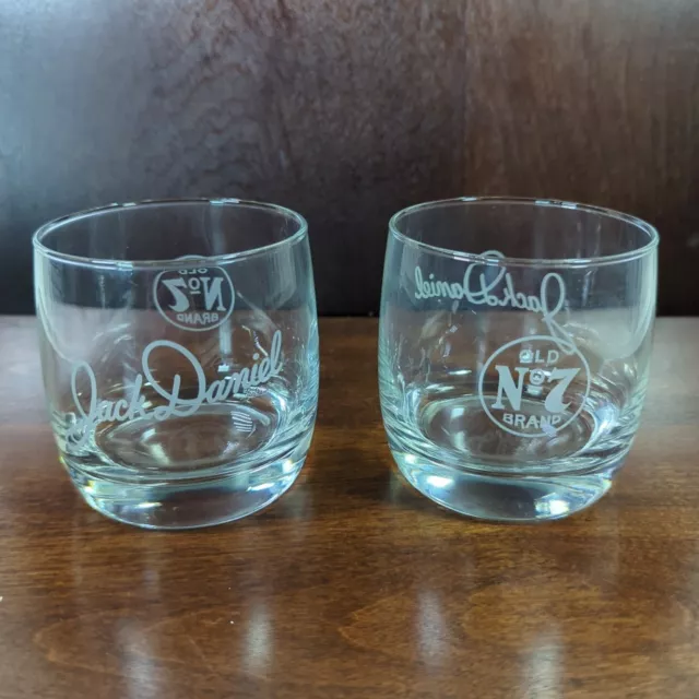 Set of 2 Jack Daniels Whiskey Lowball Tumbler Rocks Glasses Old No 7 Etched Bar