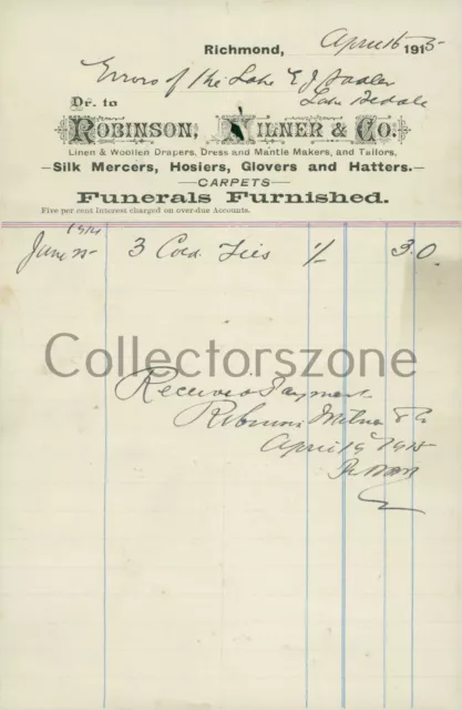 1915 Robinson Milner & Co Richmond Yorkshire Hosiers invoice 20 x 13 cm's