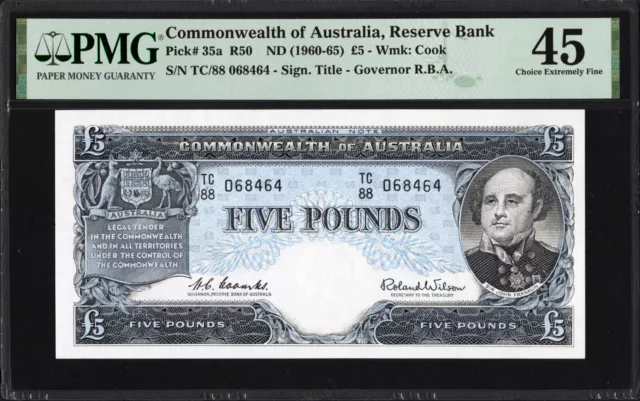 Australia 5 FIVE Pounds P35a R50 1960-65 Coombs Wilson PMG45 Choice EF Banknote