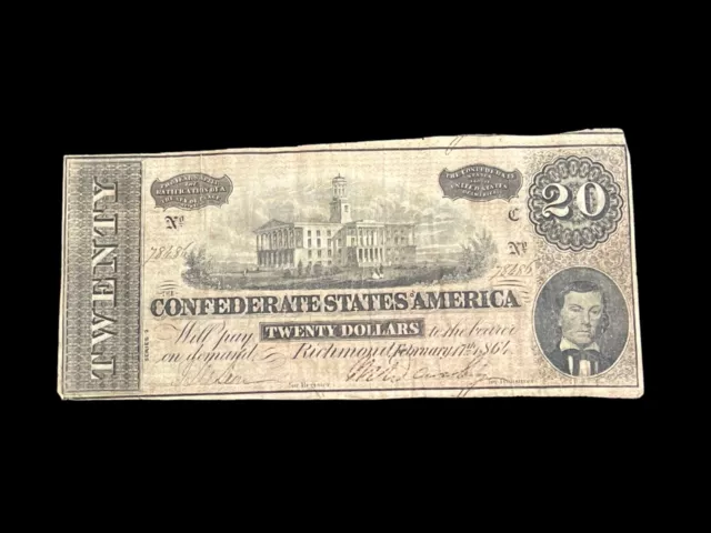 1864 $20 TWENTY Dollars CSA Confederate States America Richmond Civil ...