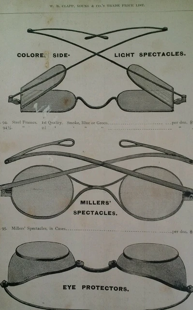 Spectacles Glasses Antique Steel 1881 Catalog Page Clapp Chicago Rare VHTF 90