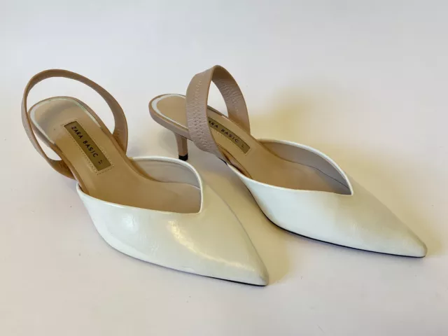 ZARA Women’s White & Beige Sling Back Pointy Toe Kitten Heels Size 37 Shoes