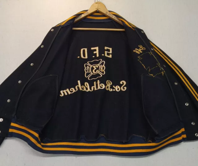 VINTAGE WOOL LETTERMAN Varsity Jacket Coat Embroidered Patches Fire ...