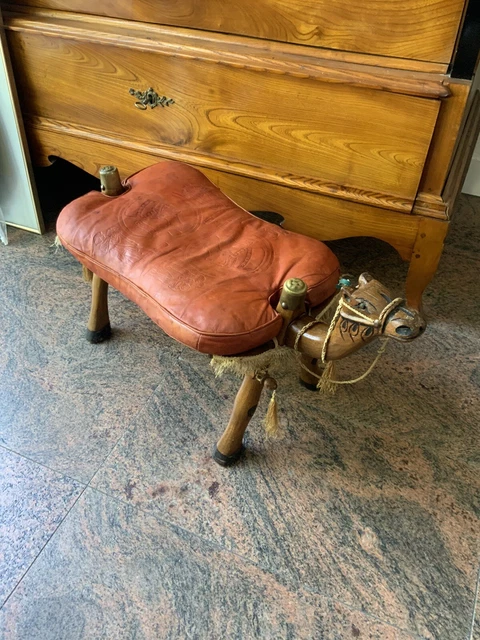 60er Vintage Hocker Sitzkissen Pouf Ottomane Kamelhocker Kaminhocker Leder Top