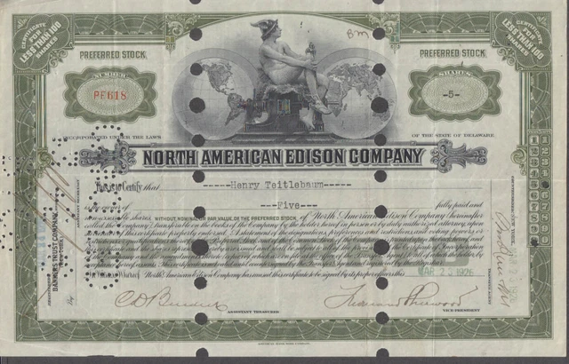 North American Edison Company stock certificate 1926 Five Shares