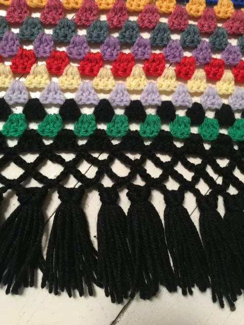 Crochet THROW Multicolour Black fringe AFGHAN Handmade SHAWL Lap Knee RUG Nanna