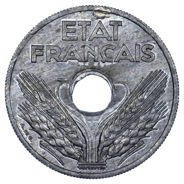 France 20 centimes 1941 (VINGT) Etat Français (flan paillé) SUP+ Zinc monnaie