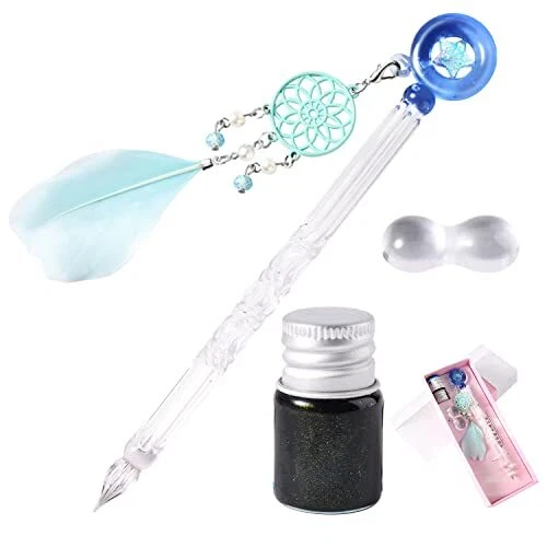 Glass Ink Pen Set Calligraphy Handmade Glass Dip Pen with Dream Catcher Acces...