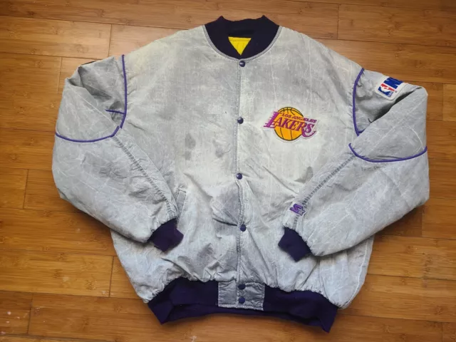 VINTAGE MENS STARTER Los Angeles Lakers Acid Wash Button Up Jacket Size ...