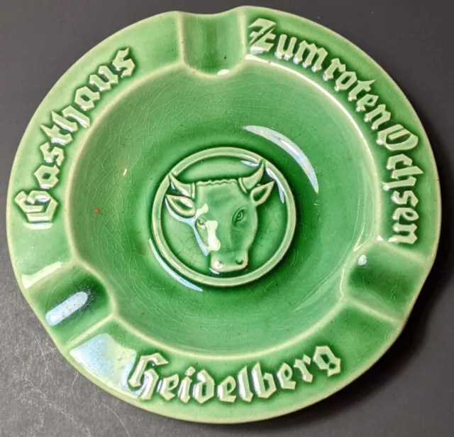 Vtg Jade Green Ceramic German Cigar Ashtray Sahm-Merkelbach Red Ox Heidelberg 6"