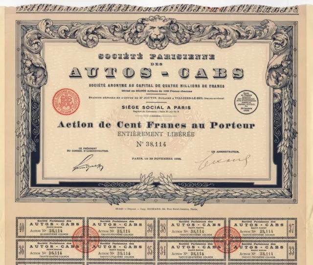 Société Parisienne AUTOS-CABS – Aktie über 100 Francs, 1926 – TAXI-Unternehmen