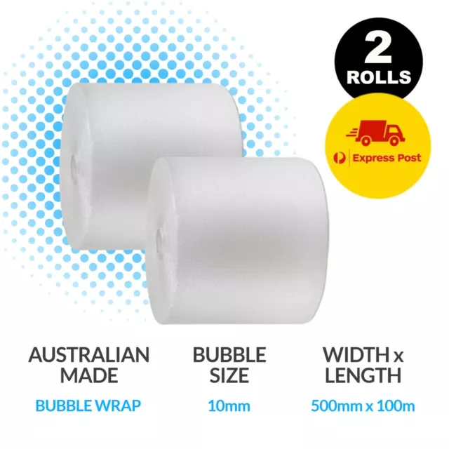 2x Bubble Wrap 500mm x 100m Cushioning Clear Bubbles Size 10mm 100 Metres/Roll