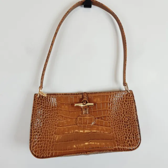 LONGCHAMP Womens Roseau Crocodile Embossed Leather Shoulder Bag - 100% Authentic