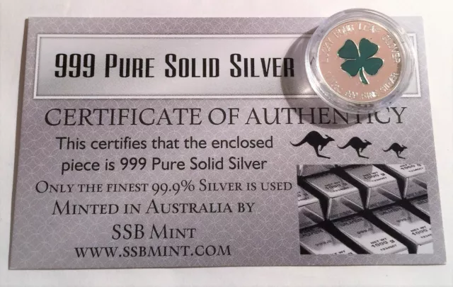 LUCKY "FOUR LEAF CLOVER" 1/10th Oz 999.0 Pure Solid Silver Coin. Irish, C.O.A.