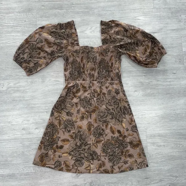 Ganni Poplin Mini Dress Womens EU 36 Cotton Floral Puff Sleeve Shirred In Fossil