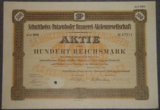 Schultheiss-Patzenhofer Brauerei-Aktiengesellschaft Stämme 1932  100 RM