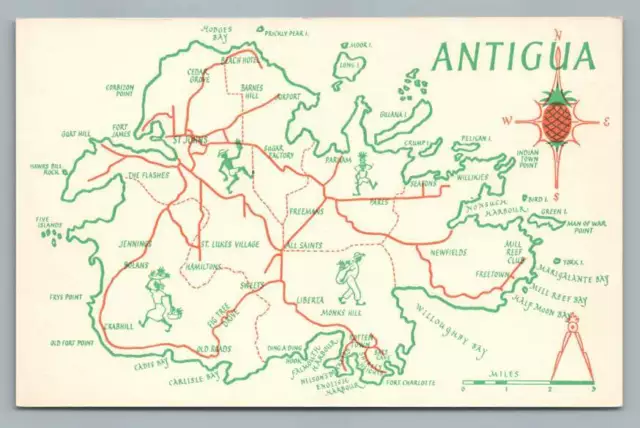 Antigua~Rare Vintage Map PC Leeward Islands~Fort James Charlotte~Pineapple 60s