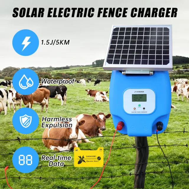 Solar Powered Fence Charger 5W Electric Fence Energizer for Livestock Horse Goat