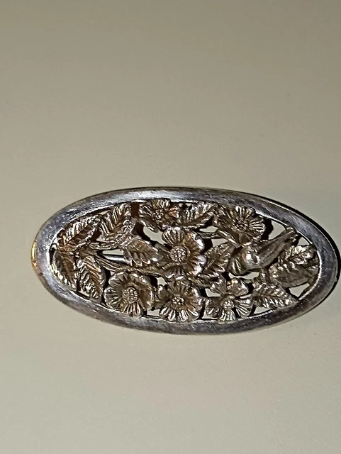 ART NOUVEAU Broche Argent Massif oiseau et fleurs
