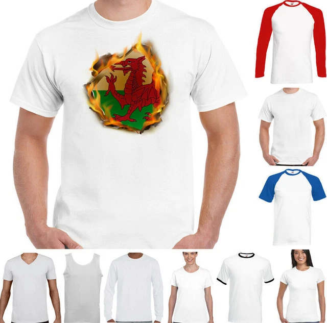 Galles T-Shirt Uomo Rugby Bandiera Fiamme Calcio Banner Cymru San David's Giorno