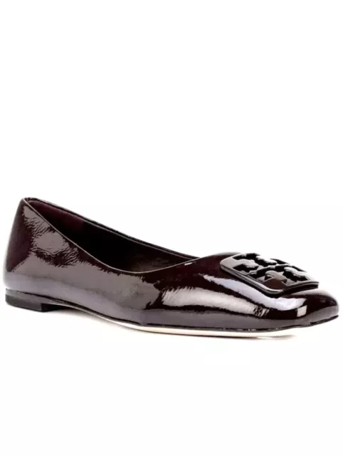 Tory Burch Georgia Square Toe Ballet Logo Flats In Plum Patent Leather 8