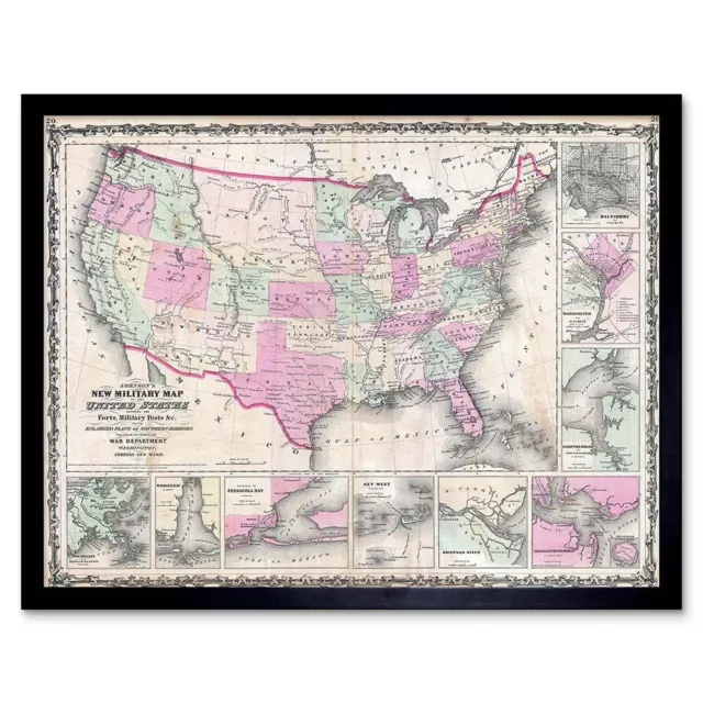 Geography Map Illustrated Antique Johnson Military Usa Civil War Framed Print