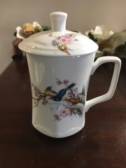 Chinese Lidded Teacup/Mug Porcelain “Birds On A Branch” White 16ozs.