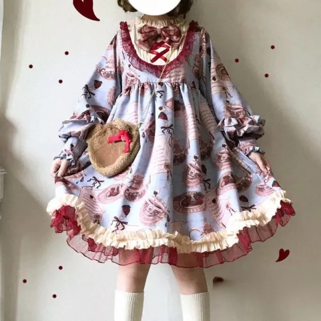 Abito Bambina Lolita Dolce Manica Lunga Midi Giapponese Retro Brill Carino