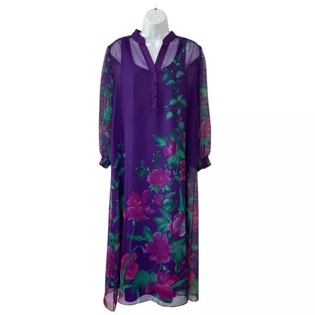 70s Kiyomi Hawaii LIBERTY HOUSE Vintage 2 Piece Dress Size M Sheer Purple Floral