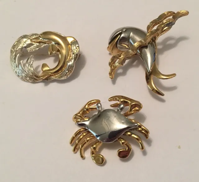 Lot Of 3 Vintage Modern Costume Brooches Pins Dolphins / Crab