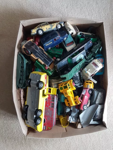 Job lot of old toy cars from 1960s. Mostly Corgi, Dinky. Pretty battered