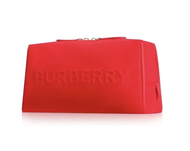 Burberry Embossed Logo Canvas Clutch Bag Makeup Case Cosmetic Pouch Red NEW
