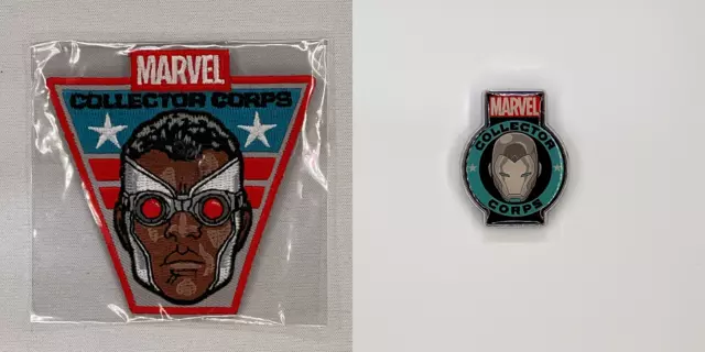 FUNKO MARVEL COLLECTOR CORPS EXCLUSIVE - SECRET WARS FALCON Patch / IRON MAN Pin