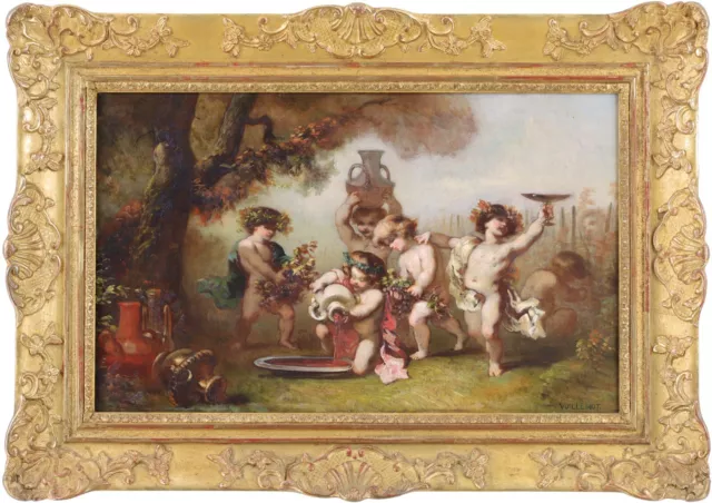 Bacchanal of Putti Antique Oil Painting by André Charles Voillemot (1823-1893)