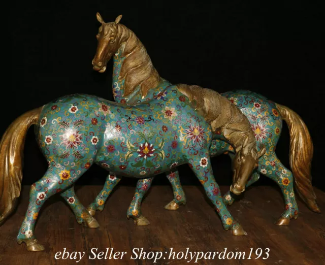 22.8" Chinese Bronze Cloisonne Gilt Fengshui 12 Zodiac Year Horse Statue Pair