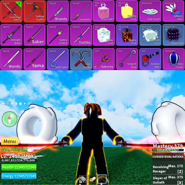 Blox Fruit Account Lv:2450Max, Awaken Dark, GodHuman, Hallow scythe