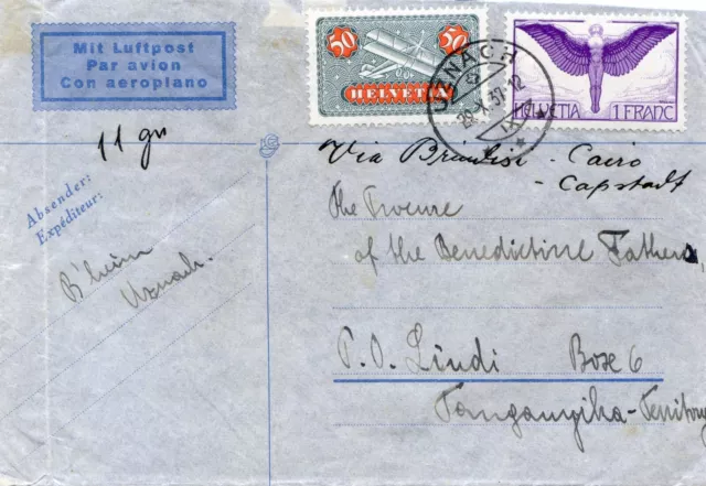 lettre cachet de Uznach 29 X 37 pour Lindi par avion - mit luftpost - timbre PA