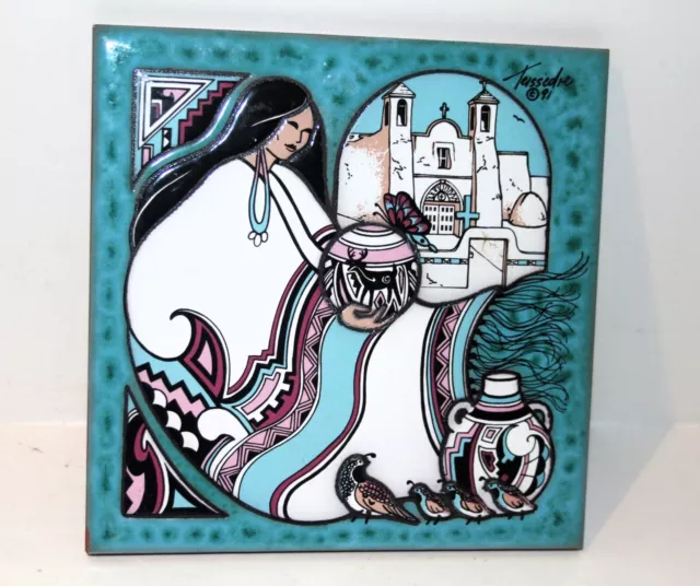 Vtg CLEO TEISSEDRE Hand painted 6" TILE Trivet WALL DECOR Native American 1991