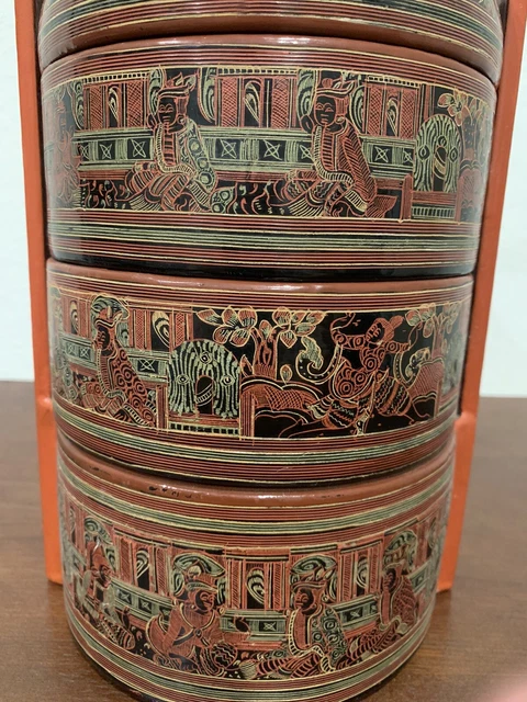 Gorgeous Antique Burmese (Myanmar) Tiffin Box 4-Tiers 12