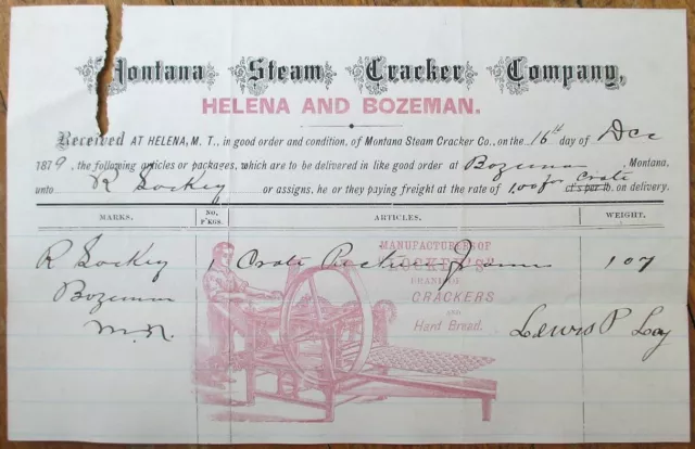 Helena & Bozeman, MT 1879 Color Letterhead: Montana Steam Cracker Co. - Mont
