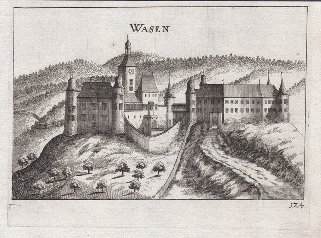 Waasen Weinburg Vista Incisione Stampa Antica Vischer Sankt Pölten-land 1672